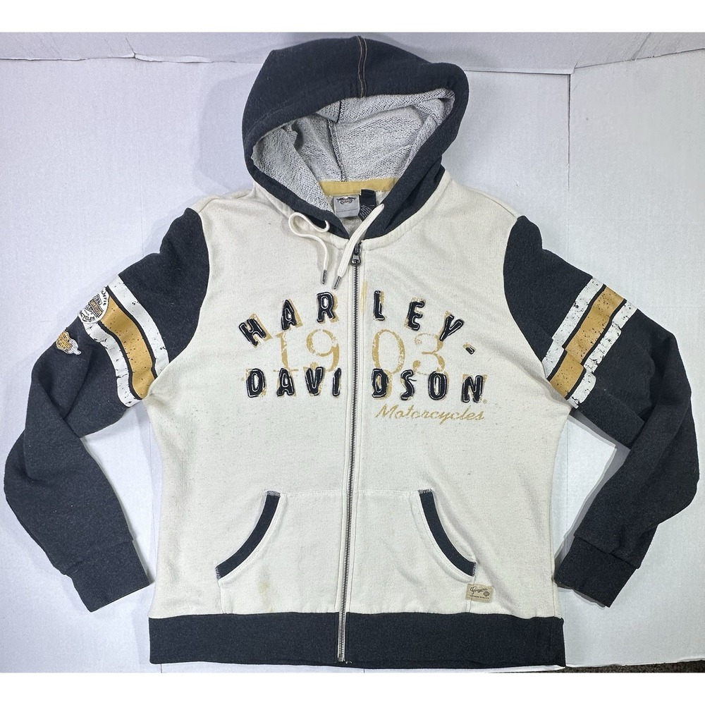Harley-Davidson 1903 Women's Zip Hoodie 2W Cream Gray Vintage Style Sweatshirt